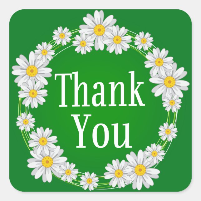 Floral Thank You White Daisy Green Flower Square Sticker (Front)