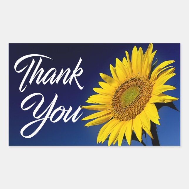 Floral Thank You Yellow Sunflower Flower Navy Blue Rectangular Sticker (Front)
