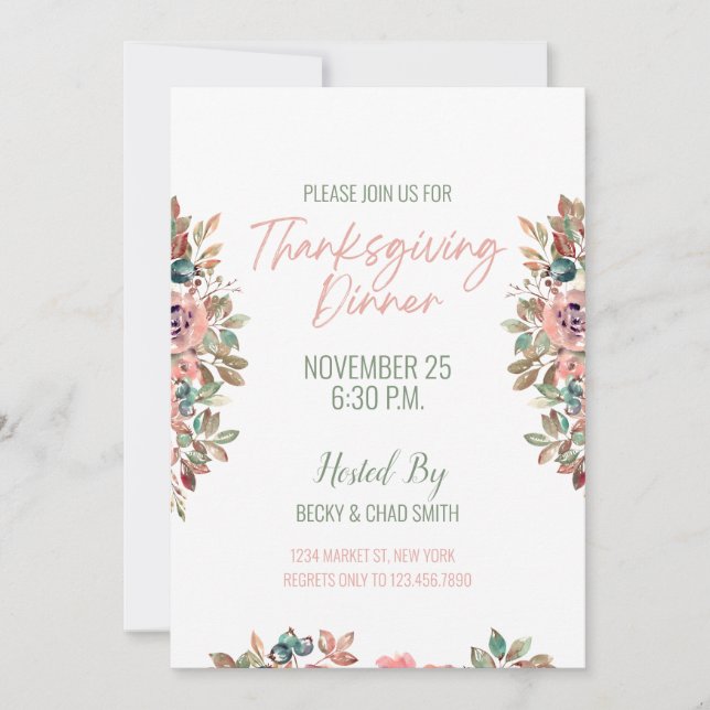 Floral Thanksgiving Dinner Invitation Pastel (Front)