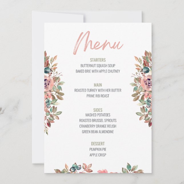 Floral Thanksgiving Dinner Menu Wedding Menu Invitation (Front)