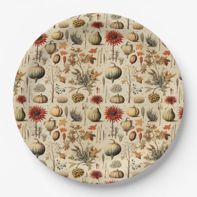 Floral Thanksgiving Vintage Pattern (3) Paper Plates (Front)