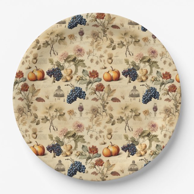 Floral Thanksgiving Vintage Pattern (4) Paper Plates (Front)