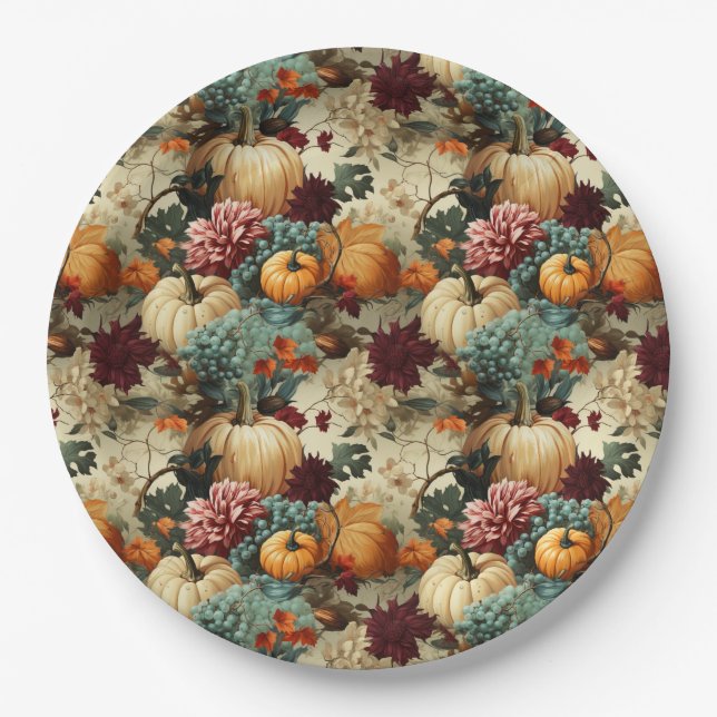 Floral Thanksgiving Vintage Pattern (8) Paper Plates (Front)