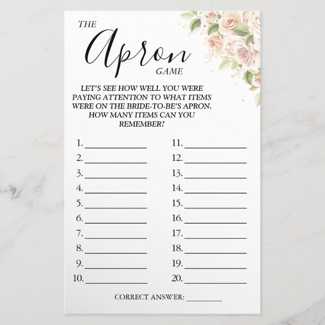 Floral The Apron Bridal shower game card  Flyer (Front)