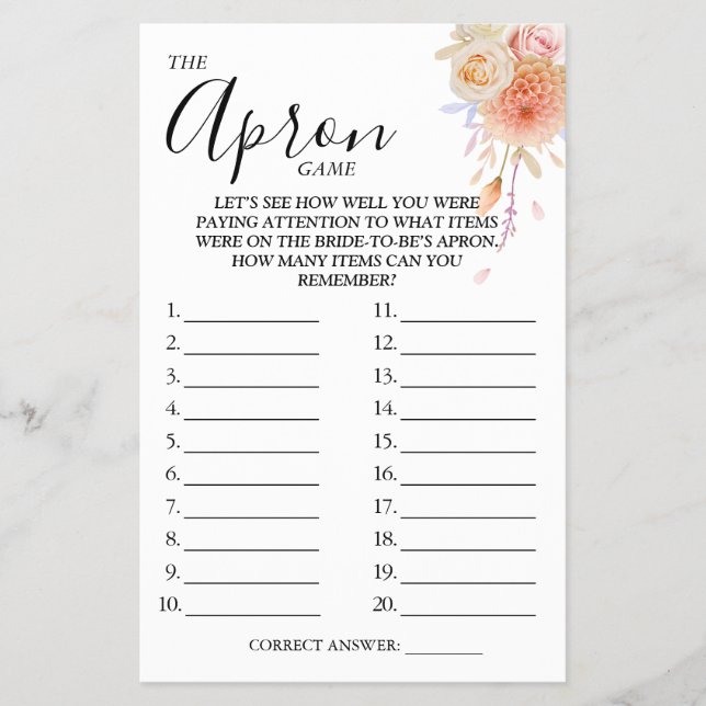 Floral The Apron Bridal shower game card Flyer (Front)
