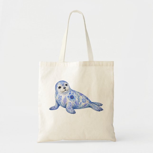 Floral Theme Pottery Art Harbor Seal Tote Bag (Front)