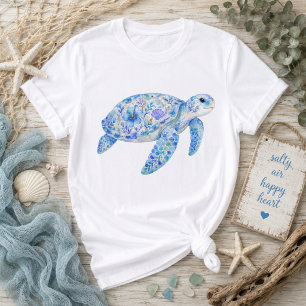 Floral Theme Sea Turtle Pottery Art T-Shirt