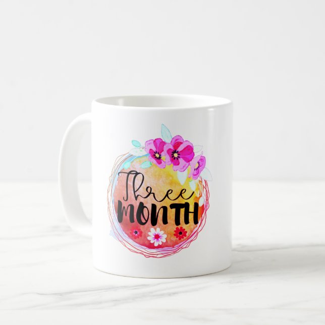 Floral Three Month Old Baby Milestone Label Coffee Mug (Front Left)