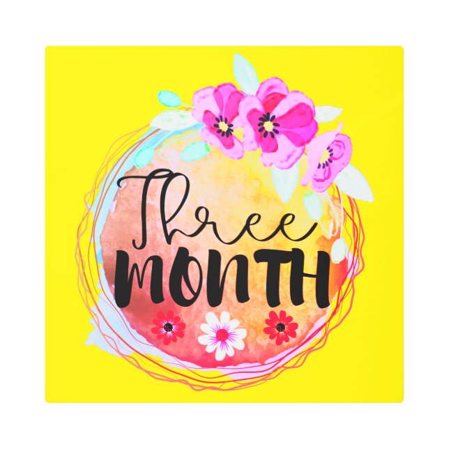 Floral Three-Month-Old Baby Milestone Label Metal Print (Front)