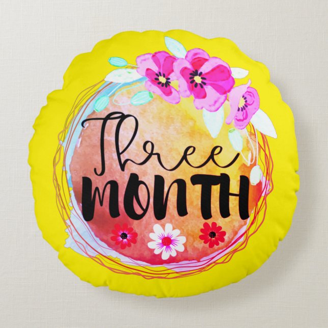 Floral Three Month Old Baby Milestone Label Round Pillow (Front)