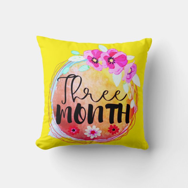 Floral Three Month Old Baby Milestone Label Throw Pillow (Front)