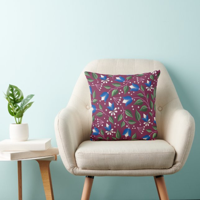 Floral Throw Pillow in Burgundy and Deep Blue (Chair)
