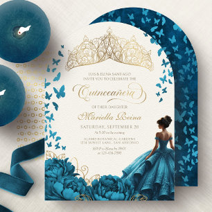 Floral Tiara Crown Teal Quinceanera Invitation