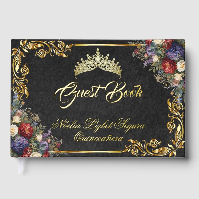 Floral, Tiara & Gold Leaves - Black Foil Guest Book (Front)