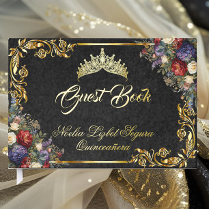 Floral, Tiara & Gold Leaves - Black Foil Guest Book