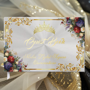 Floral, Tiara & Gold Leaves - White Pearl Foil Guest Book