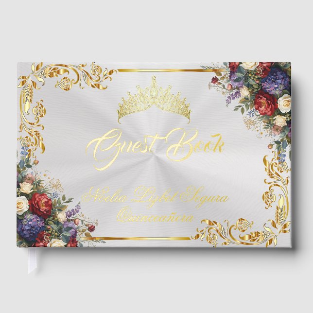 Floral, Tiara & Gold Leaves - White Pearl Foil Guest Book (Front)