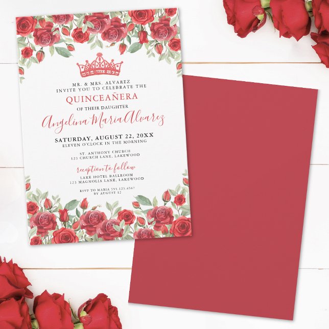 Floral Tiara Red Quinceanera Invitation (Elegant Red Roses Floral Quinceanera Invitation)