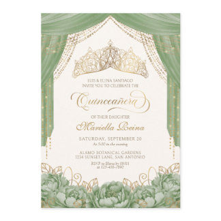 Floral Tiara Sage Green Quinceanera Invitation