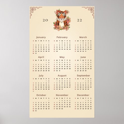 Floral Tiger Chinese New Year 2022 Calendar Sand   Poster