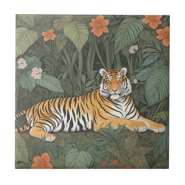 Floral Tiger in Green Jungle Ceramic Tile (Front)
