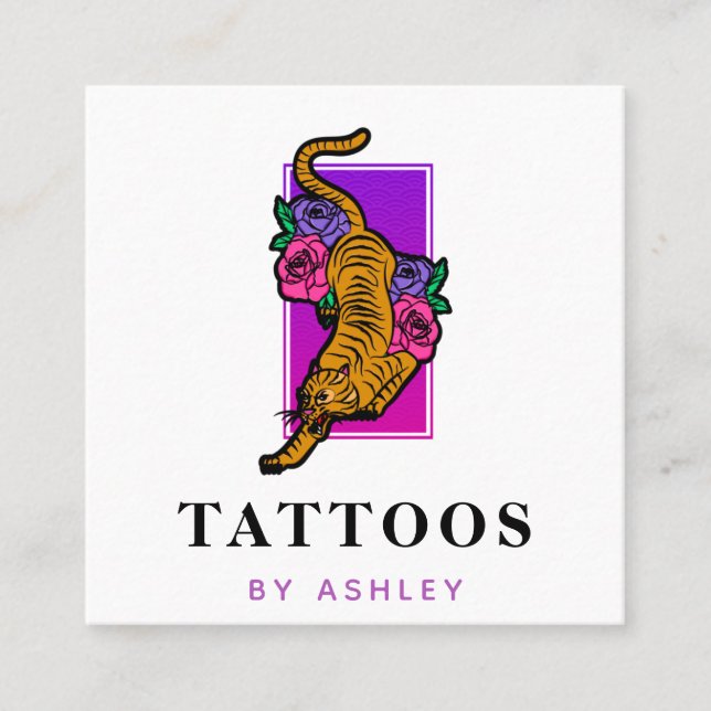 Floral Tiger Japanese Illustration Tattoo Artist Square Business Card (Front)