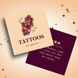 Floral Tiger Stardust Sparkle Girly Tattoo Artist Square Business Card