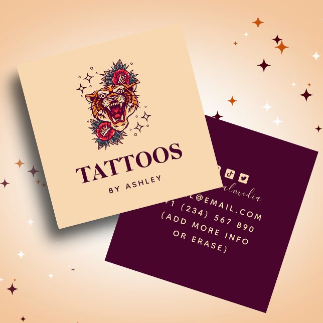 Floral Tiger Stardust Sparkle Girly Tattoo Artist Square Business Card (Creator Uploaded)