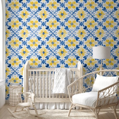 Floral Tile Mediterranean Inspired Blue Yellow Wallpaper