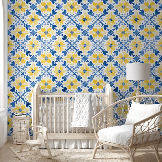 Floral Tile Mediterranean Inspired Blue Yellow Wallpaper (Kids)