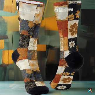 Floral Tile Patchwork Socks – Custom Gold and Navy