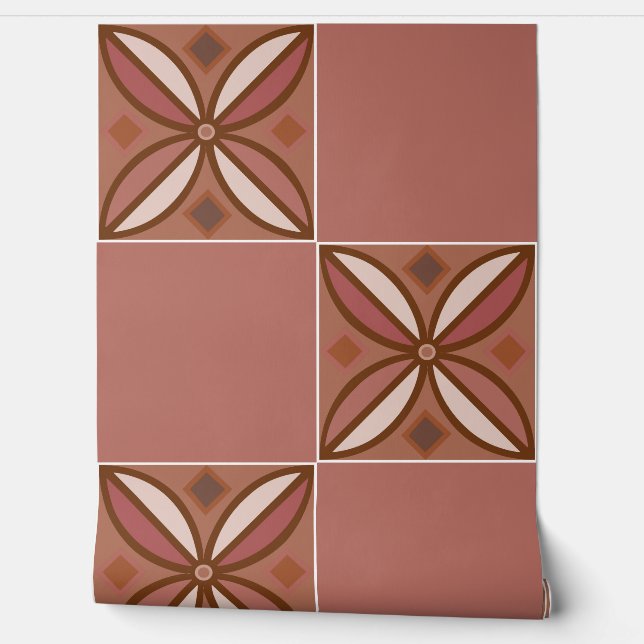 Floral tiles in earthy pinks  wallpaper  (Unrolling)