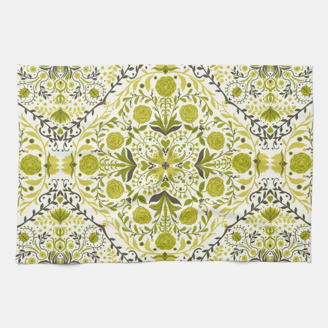 Floral tiles in green kitchen towel (Horizontal)