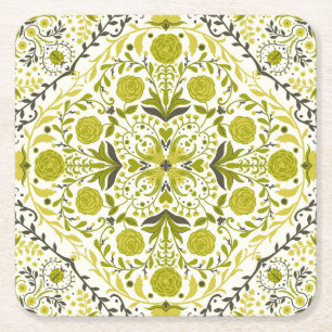 Floral tiles in green square paper coaster