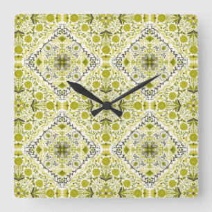 Floral tiles in green square wall clock