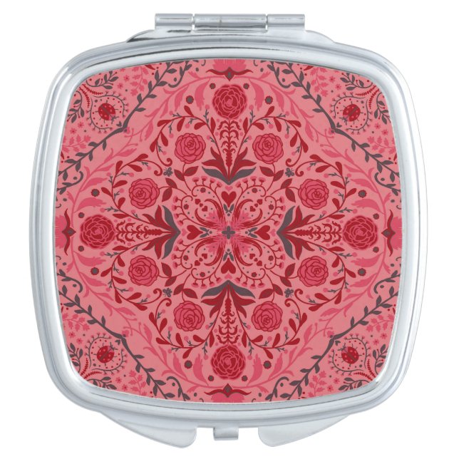 Floral tiles in red and watermelon pink compact mirror (Front)
