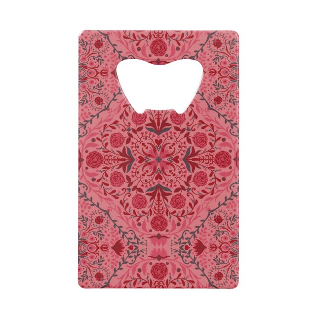 Floral tiles in red and watermelon pink credit card bottle opener (Front)