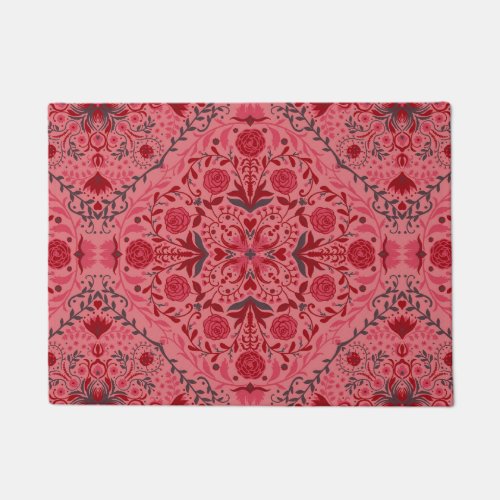 Floral tiles in red and watermelon pink doormat