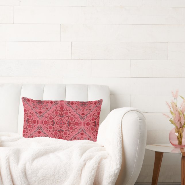 Floral tiles in red and watermelon pink lumbar pillow (Couch)