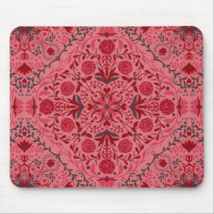 Floral tiles in red and watermelon pink mouse pad