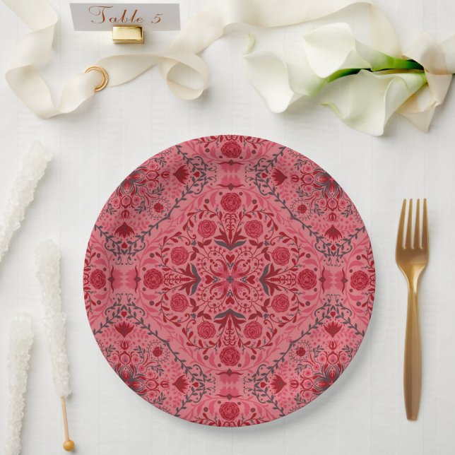 Floral tiles in red and watermelon pink paper plates (Wedding)