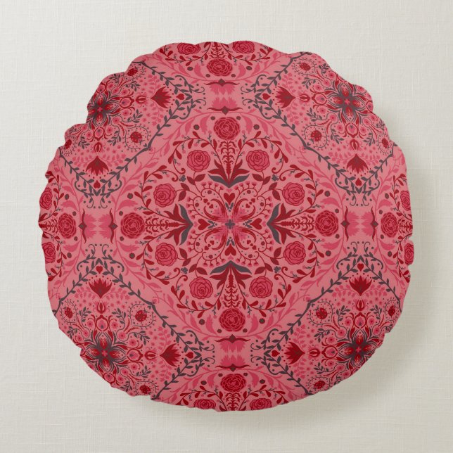 Floral tiles in red and watermelon pink round pillow (Front)