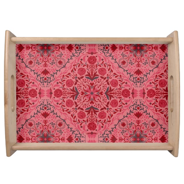 Floral tiles in red and watermelon pink serving tray (Front)