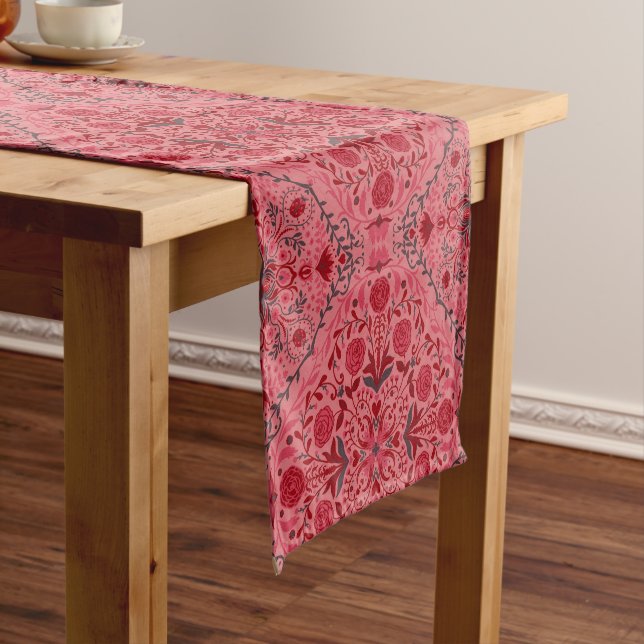 Floral tiles in red and watermelon pink short table runner (In Situ)