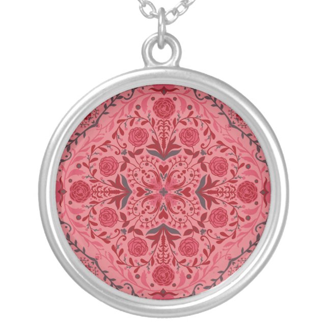 Floral tiles in red and watermelon pink silver plated necklace (Front)