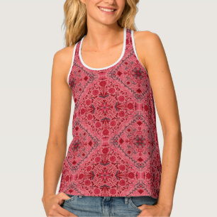 Floral tiles in red and watermelon pink tank top