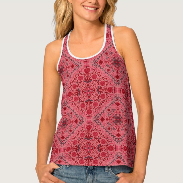 Floral tiles in red and watermelon pink tank top (Front)