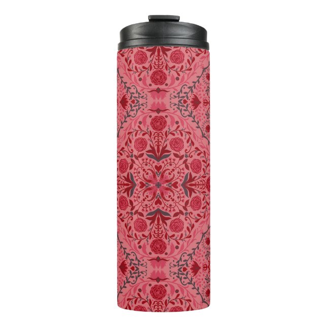 Floral tiles in red and watermelon pink thermal tumbler (Front)