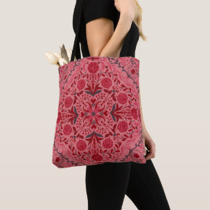 Floral tiles in red and watermelon pink tote bag