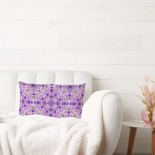 Floral tiles in violet and cotton candy pink lumbar pillow (Couch)